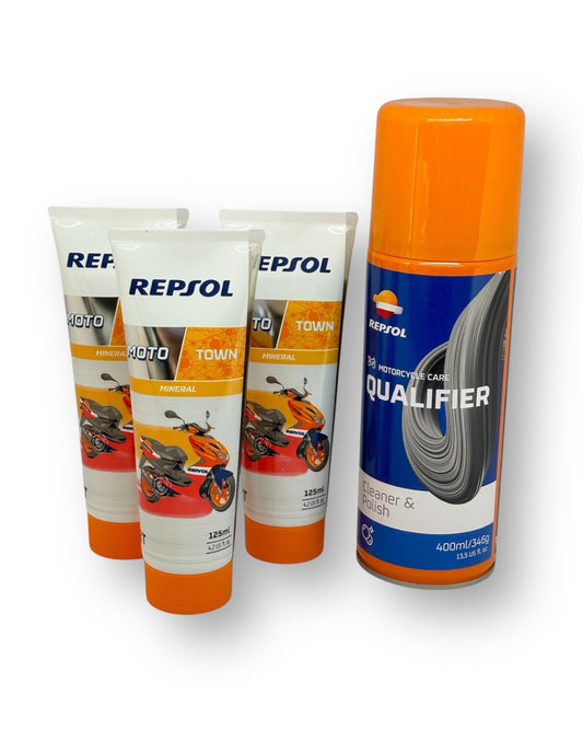 KIT 5 ACEITE 2T MOTO SCOOTER MINERAL + LIMPIADOR POLISH REPSOL